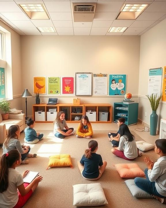 A tranquil and inviting classroom setting designed for wellness, featuring comfortable seating, soft lighting, and students engaged in calming activities like journaling and meditating. The classroom conveys a sense of safety and support.