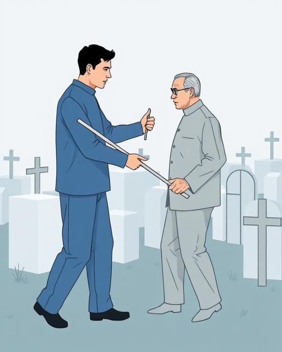 Two men in a cemetery, one with a metallic rod in his hand.