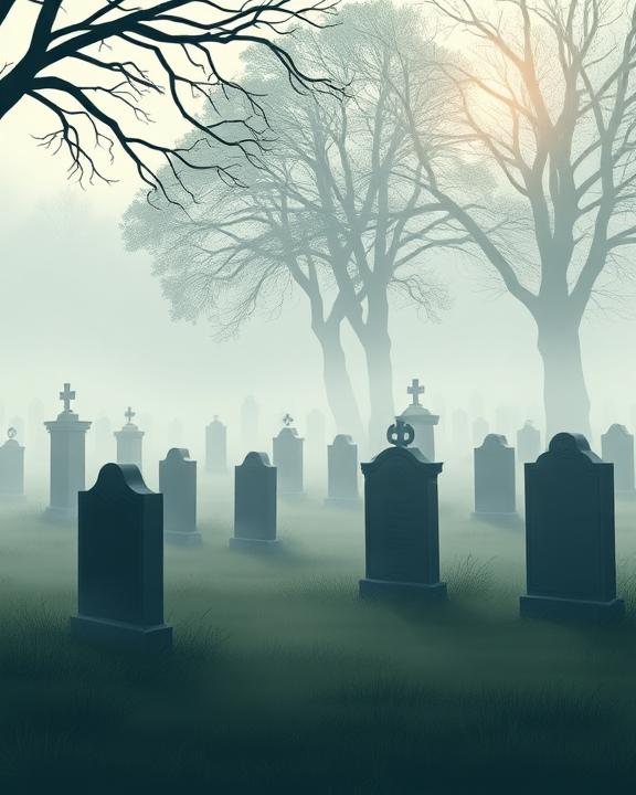 A cemetery shrouded in fog, with graves partially obscured by mist.