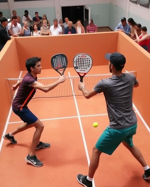 Two men playing padel while spectators watch from above.