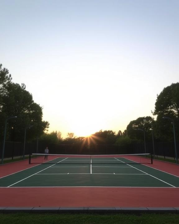An empty outdoor padel court at sunset.