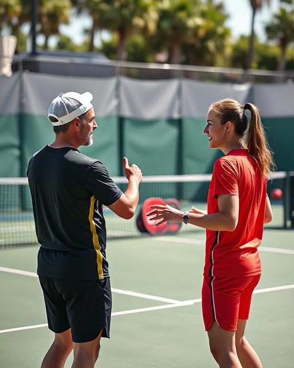 A male and female padel player standing on court, discussing strategy.