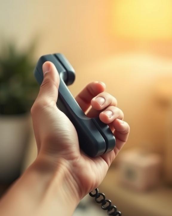 Mano che tiene un ricevitore telefonico, in primo piano, con uno sfondo sfocato e luminoso.