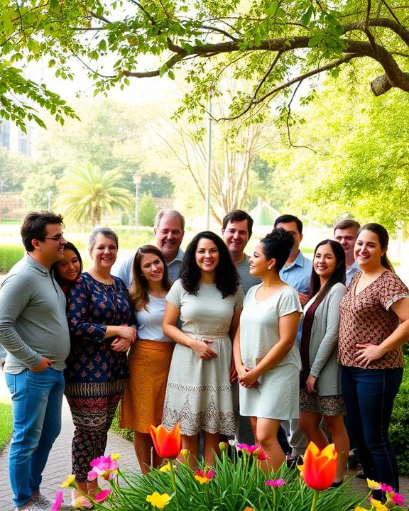 Gruppo di persone sorridenti e radunate all'aperto, sotto alberi con foglie verdi.