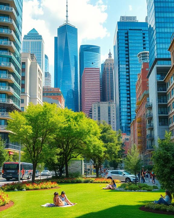Paesaggio urbano con grattacieli e un parco cittadino