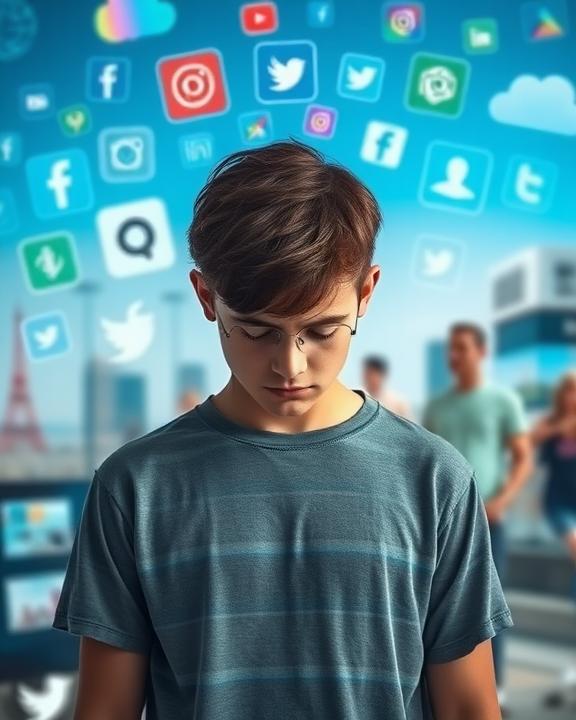 A young boy is looking at social media logos
