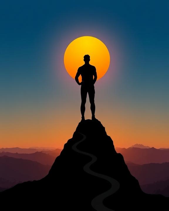 Un uomo in silhouette sulla cima di una montagna che guarda un sole grande e luminoso, simboleggiando la resilienza e il superamento delle sfide.