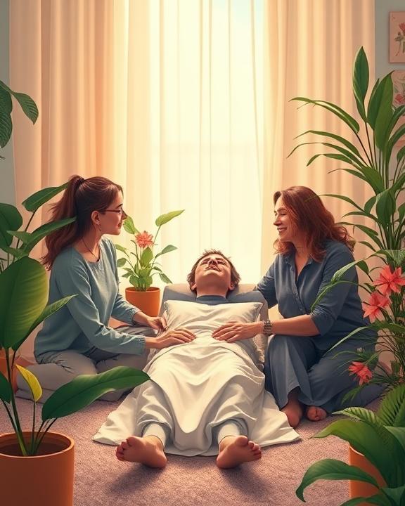An artistic representation of a serene therapeutic environment where a patient engages in psychedelic-assisted therapy. The scene includes a comfortable room with soft lighting, soothing colors, and natural elements such as plants, symbolizing safety and openness.