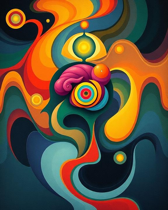 Visualizzazione iconica e astratta, ispirata all'arte neoplastica e costruttivista, che rappresenta la psicoterapia assistita da psichedelici come un processo di guarigione e riorganizzazione mentale.