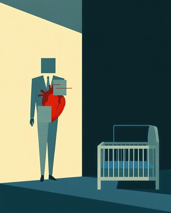 Immagine raffigurante un uomo con un cuore spezzato e una culla, simboleggiando la fragilità della vita domestica.