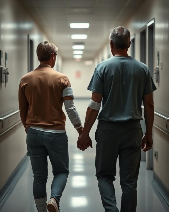 Coppia anziana che si tiene per mano in un corridoio d'ospedale, evidenziando le ferite visibili.