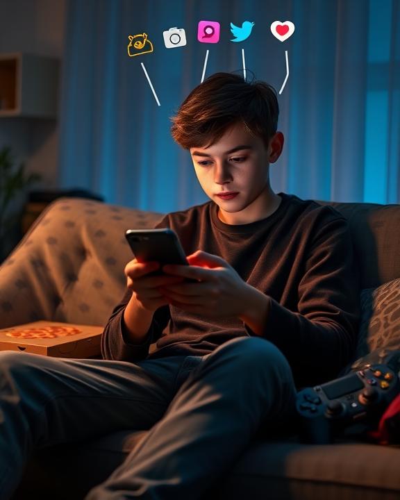 A young man on a couch, focused on his smartphone, with social media icons like a bear, camera, chat, Twitter, and heart floating above his head. A pizza box and a gaming controller are visible beside him. The room is dimly lit, suggesting a late-night setting.