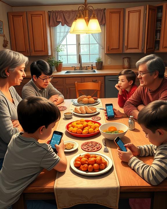 A family, including two grandparents, two children, and parents, gathered around a kitchen table laden with food. One of the children is focused on their smartphone instead of interacting with the family or the meal. The kitchen has wooden cabinets and a warm light fixture.