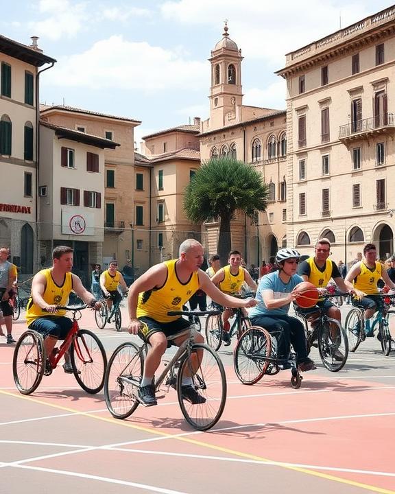 A vibrant and inclusive sports scene in Verona, Italy, featuring athletes with disabilities participating in various sports like wheelchair basketball, adaptive cycling, and goalball.