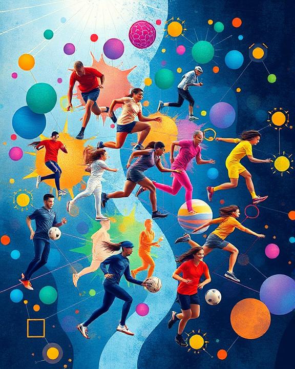 An artistic representation of a neural network connecting diverse people engaged in sports and physical activities, symbolizing the connection between neuroscience and adapted sports.