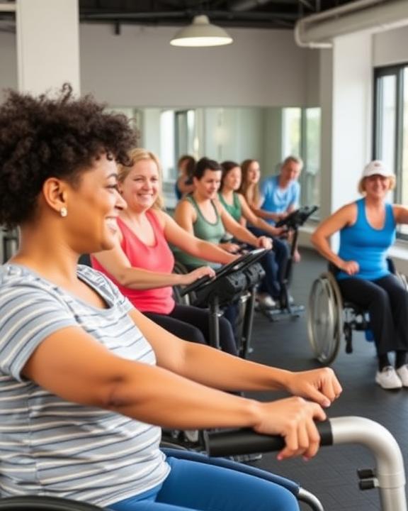A modern fitness setting with individuals with disabilities engaged in adapted physical activities, showcasing a bright and supportive environment.