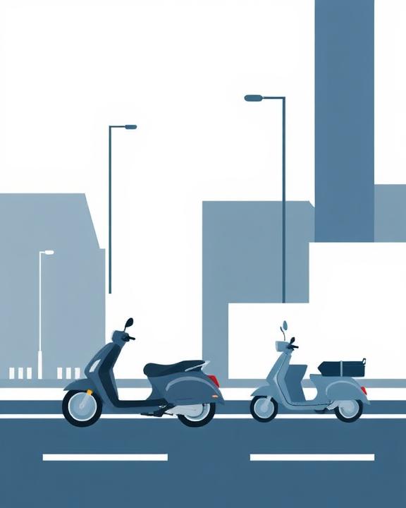 Due scooter parcheggiati su una strada rappresentati in uno stile illustrativo. Un scooter è leggermente più scuro, mentre l'altro è di un blu/verde più chiaro. Entrambi hanno uno stile retrò, evocando immagini di Vespe classiche. Sullo sfondo ci sono edifici stilizzati e lampioni, che suggeriscono un ambiente urbano. I dettagli dello sfondo sono minimalisti, enfatizzando i veicoli in primo piano. I colori predominanti sono diverse tonalità di blu e grigio, creando un'atmosfera calma e sobria.