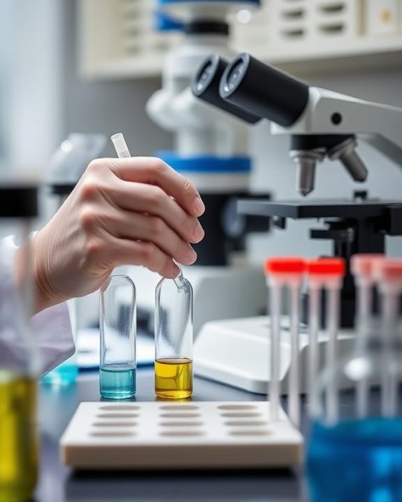 Mano con guanto scientifico tiene una pipetta sopra delle provette con un microscopio sullo sfondo, evocando ricerca scientifica e sviluppo in laboratorio.