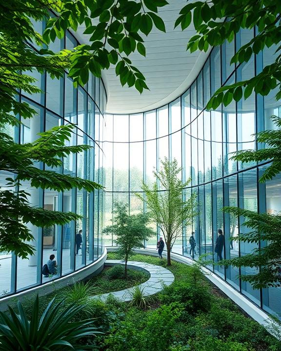 Immagine di un moderno edificio con grandi vetrate e piante all'interno, suggerendo innovazione e un ambiente di ricerca stimolante.