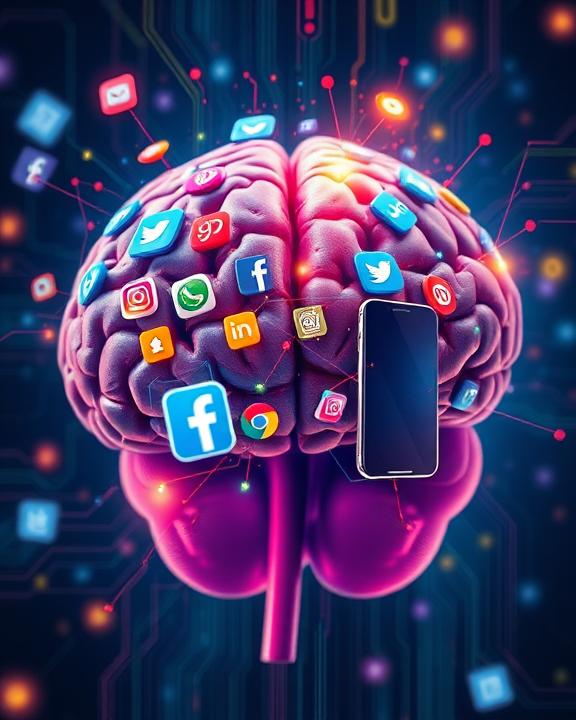 An artistic representation of neurobiological alterations caused by digital addiction.