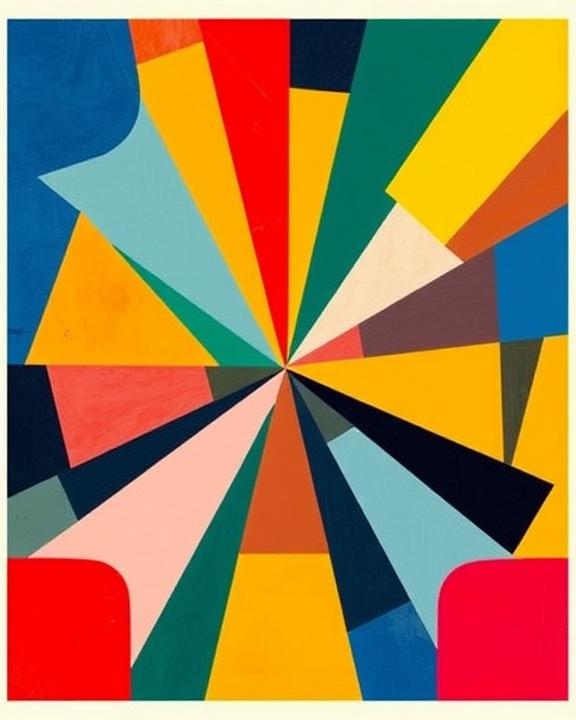 A colorful and abstract representation inspired by neoplasticism and constructivism, featuring geometric shapes and a dynamic composition that reflects the themes of change and transformation in a corporate environment.