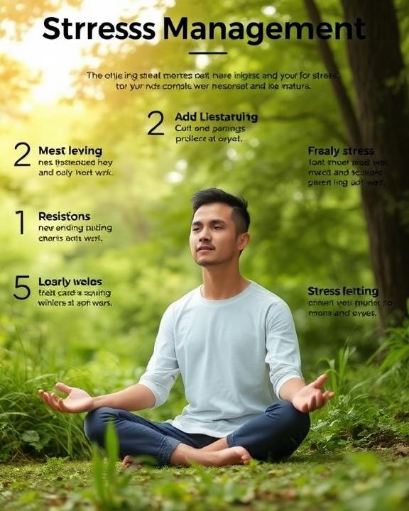 A serene image illustrating stress management techniques, featuring a calm individual practicing mindfulness in a nature setting, surrounded by greenery, representing mental well-being and resilience.