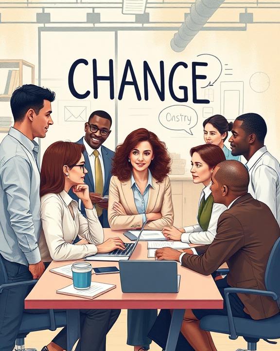 An artistic interpretation of workplace dynamics, showcasing a diverse group of professionals in an office setting, engaged in discussions and working collaboratively, symbolizing teamwork and adaptation to change.