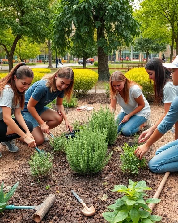 Young people gardening together in a park.