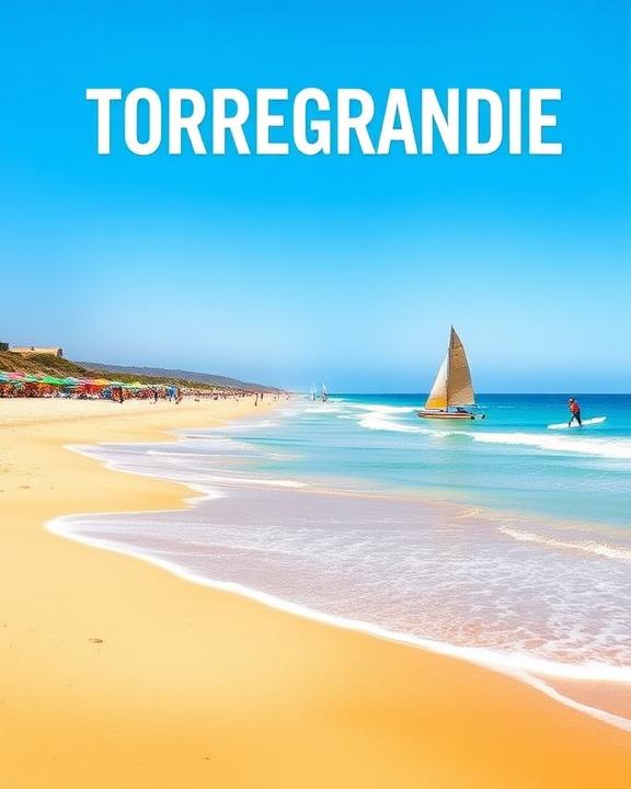 Torregrande beach with people on SUP boards and a sailboat