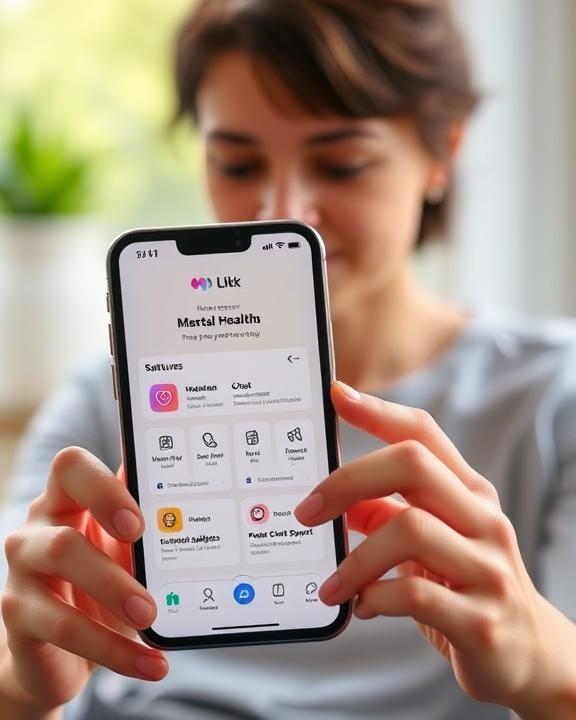 A modern mental health app interface on a smartphone screen, showcasing features like mood tracking, meditation guides, and chat support.