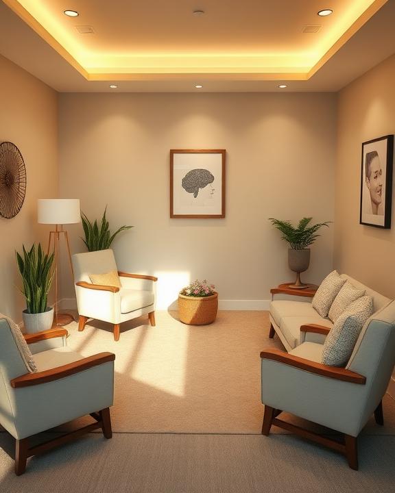 A serene and inviting therapy room with soft lighting, comfortable seating, and calming decor, representing a safe space for mental support and therapy.