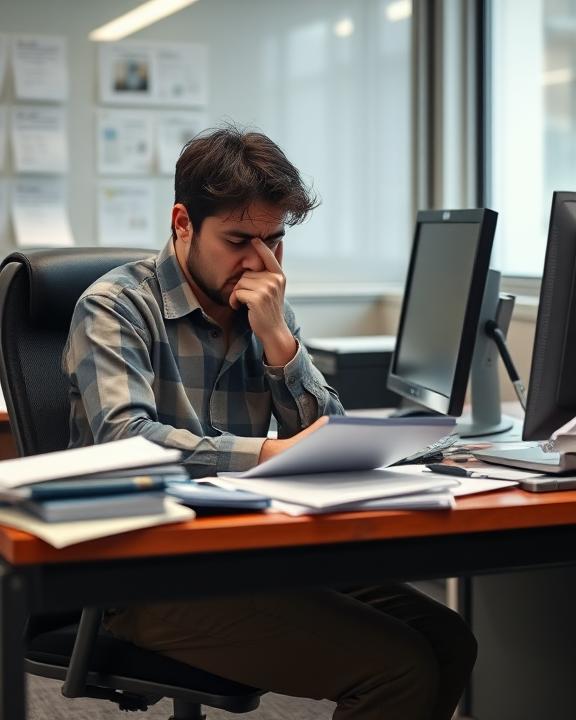 A tired man resting his forehead on his hand while working on a desktop