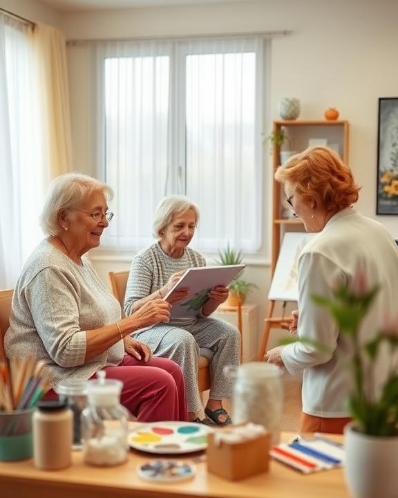 Ambient scene of elderly patients engaging in art therapy painting.