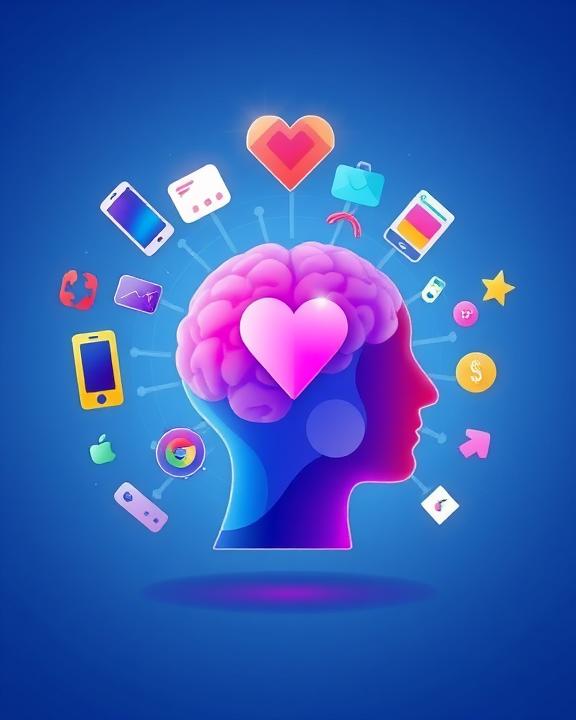 Immagine che rappresenta il cervello umano circondato da simboli di tecnologia e social media, con un cuore al centro.