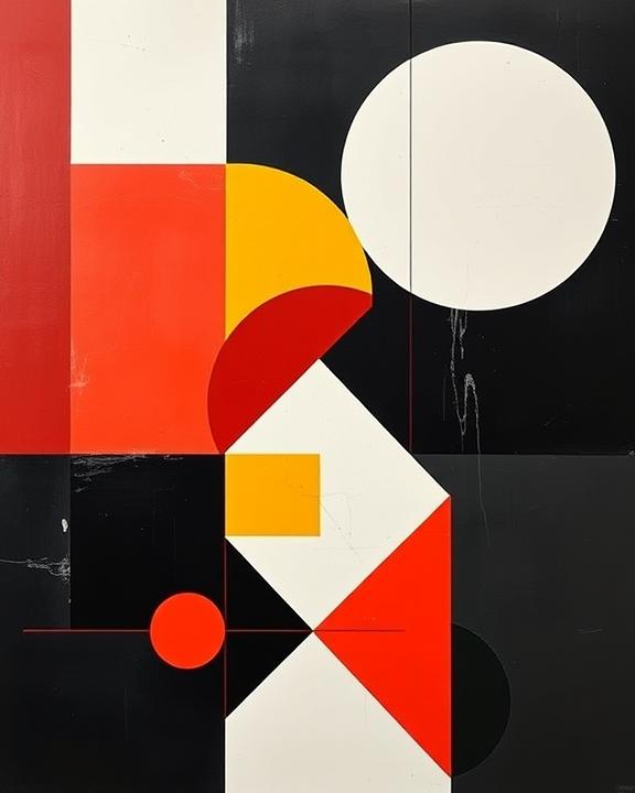 An artistic representation of an abstract artwork inspired by neoplasticism, incorporating geometric shapes and a harmonious color palette of primary colors and black and white, reflecting themes of order and chaos.