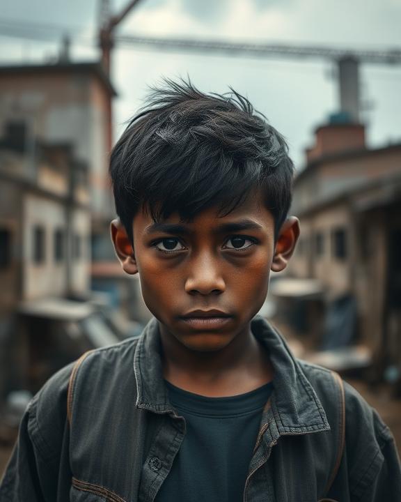 An evocative portrait of a young worker feeling vulnerable, in a gritty urban setting, with a backdrop of industrial buildings and an expression that conveys a mix of determination and anxiety, illustrating the challenges faced by informal workers.