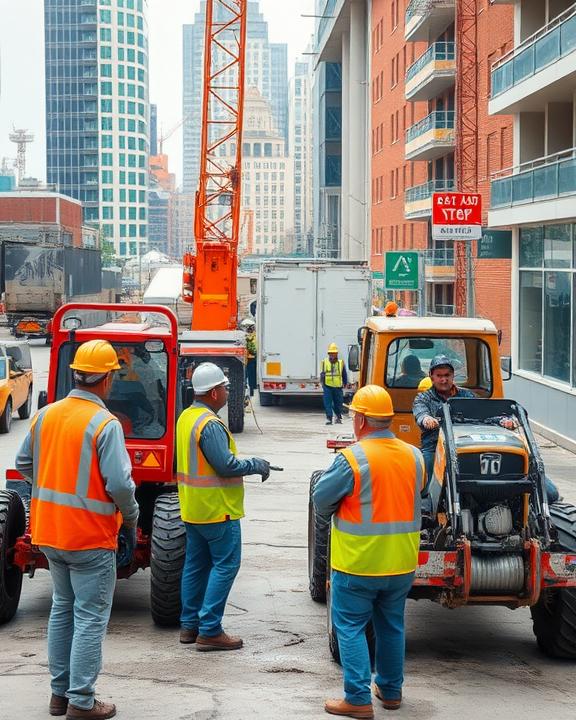 A busy construction site scene with workers wearing safety gear and operating heavy machinery, emphasizing safety protocols in a vibrant urban environment.