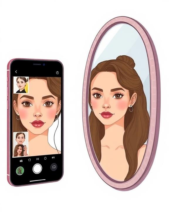 An illustration of digital beauty filters, showing a phone screen with different beauty effects applied to a face, alongside a mirror reflecting the unaltered image, highlighting the contrast between virtual and real appearance.