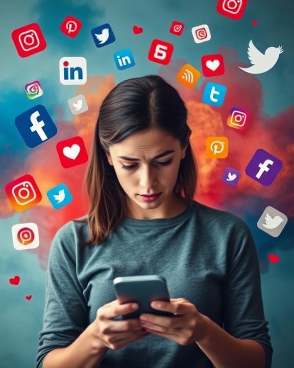 A symbolic representation of social media impacts on mental health, featuring a person looking at a smartphone surrounded by floating icons of social media apps, with a backdrop of abstract emotions like anxiety and depression.