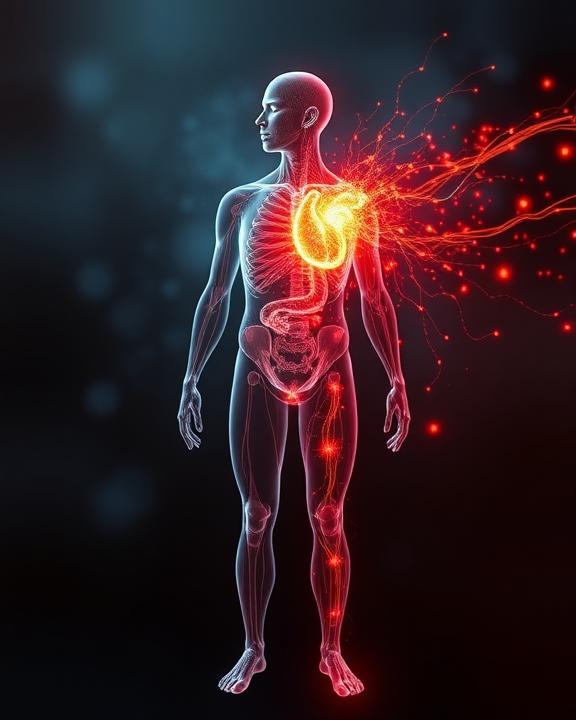 Body's nervous system and heart glowing