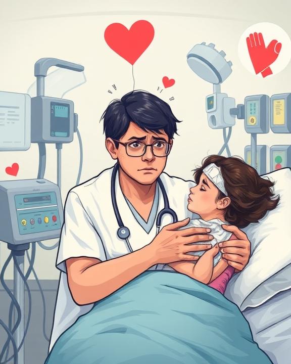 A doctor looking stressed and overwhelmed while comforting a patient in a hospital bed, surrounded by medical equipment and symbolic hearts, representing empathy burnout.