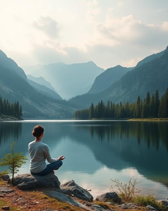 A person meditating by a serene lake surrounded by mountains, symbolizing peace, resilience, and mindfulness amidst natural beauty.