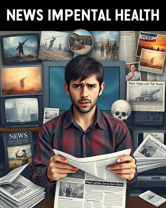 A man overwhelmed by news on multiple screens, surrounded by newspapers, medical symbols, and a skull, illustrating vicarious trauma and information overload.