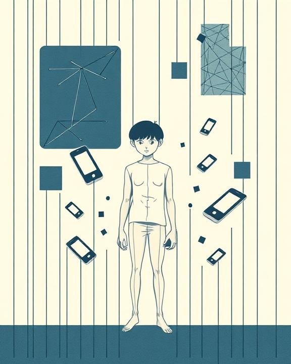 An iconic and conceptual representation of the Global Anxiety Generation, showing a fragmented young figure and symbols of social media.
