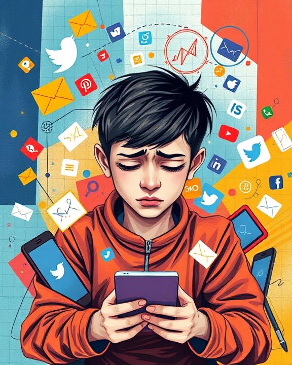 An artistic representation of the digital age's impact on youth mental health, showing a stressed young person surrounded by devices and notifications.