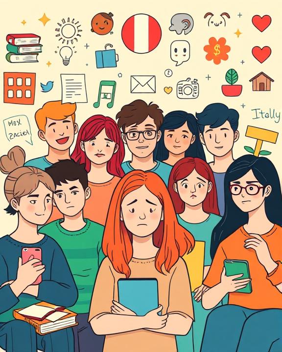 A visual metaphor showing young people facing mental health challenges, expressing various emotions and highlighting the pressure of education and social media.