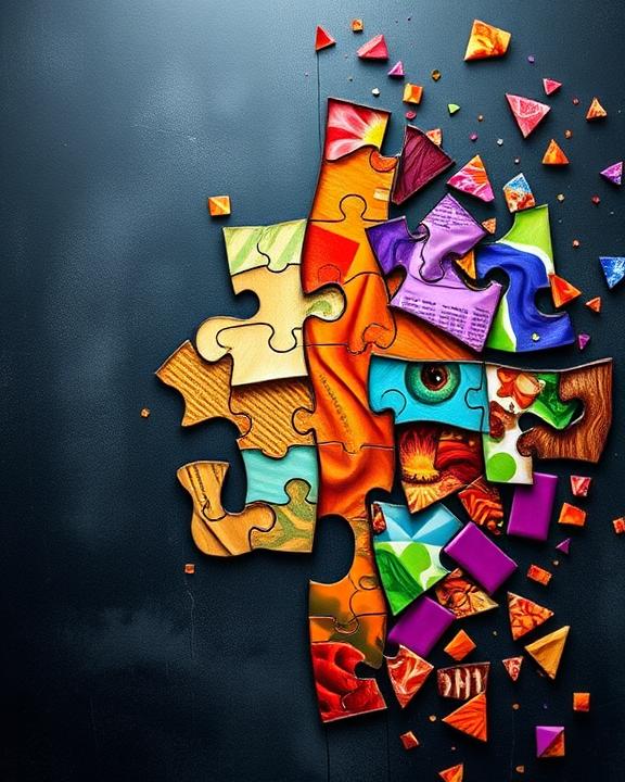 A symbolic representation of fragmented narrative and memory reconstruction, illustrating emotional trauma and healing process.
