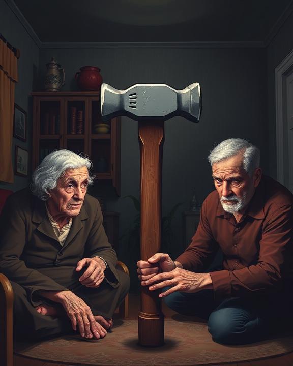 A stylized hammer prominently displayed in the center, surrounded by two elderly figures and a young aggressive figure in a tense domestic setting.