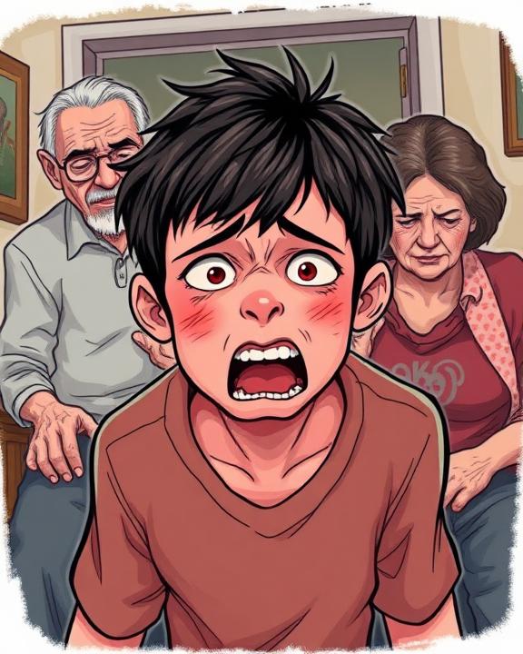 An illustrative representation of a family dynamic torn apart by violence, featuring a distressed young person with signs of aggression and two elderly figures in the background depicting fear and sadness.