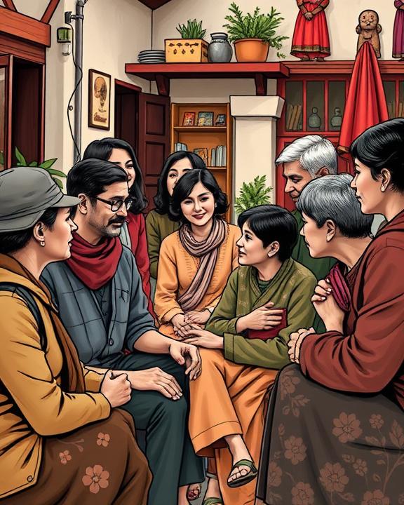 A thoughtful depiction of a community scene, illustrating diverse groups of people engaged in dialogue and support, promoting mental well-being and community support.